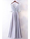 Gorgeous Silver Satin Long Party Dress V-neck With Sleeves