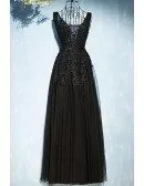 Classic Long Black Lace Tulle Prom Dress V-neck Sleeveless