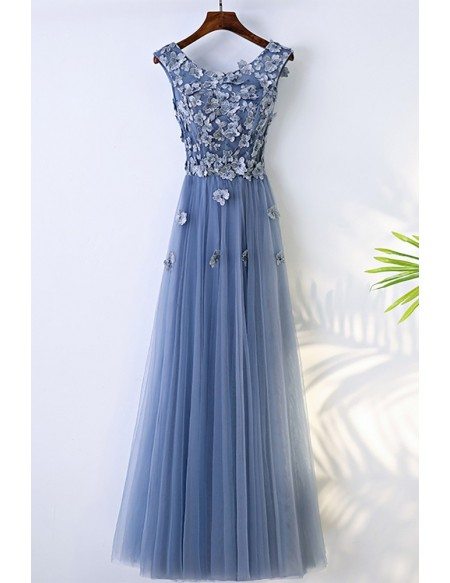 Trendy Dusty Blue Flowy Prom Dress Long With Flower Petals