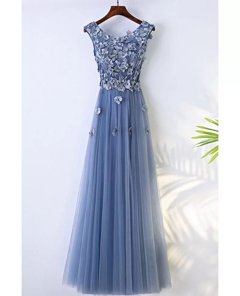 Trendy Dusty Blue Flowy Prom Dress Long ...