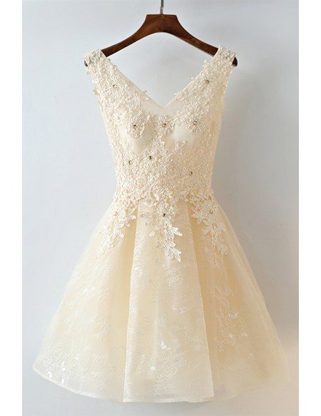 Gorgeous Champagne Short Lace Homecoming Party Dress Sleeveless