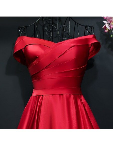 Simple A Line Satin Pleated Off Shoulder Formal Party Dress