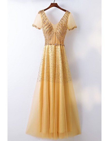 Bling Blig Sparkly Gold Formal Prom Dress With Sleeves