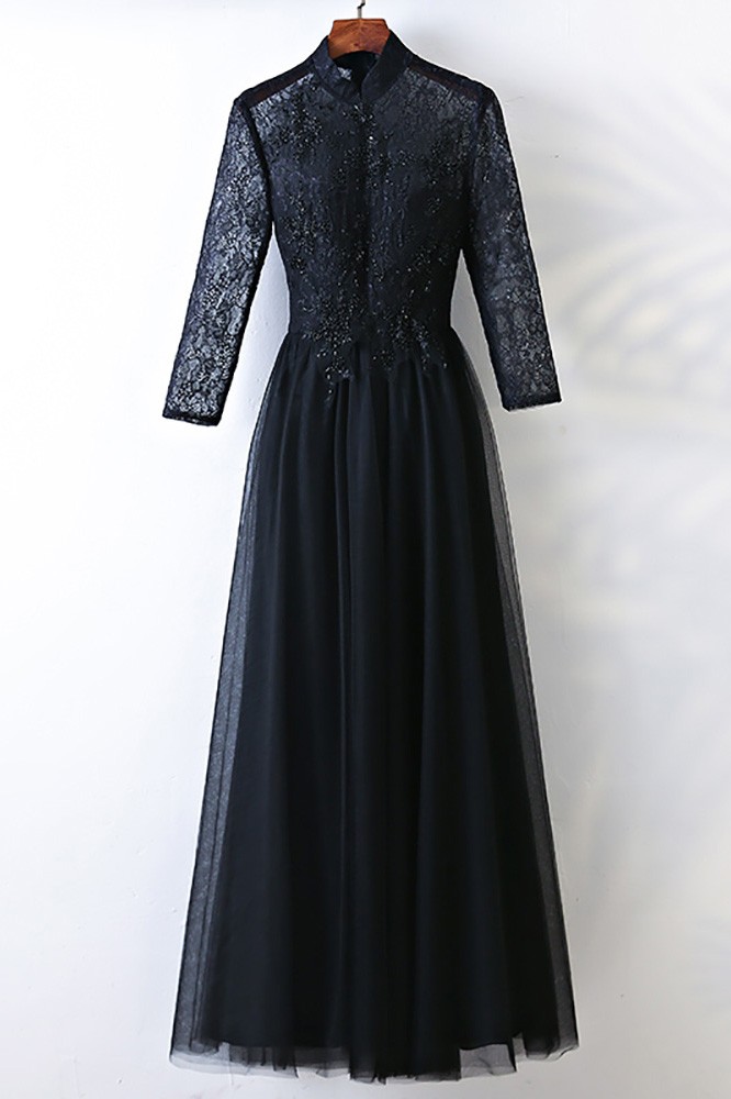 Vintage High Neck Long Black Prom Dress With Long Sleeves #MYX18264 ...