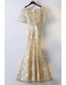 Gold Cape Sleeves Long Mermaid Formal Dress With Bling Sequins