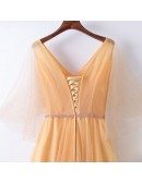 Classy Yellow Long Tulle Cheap Formal Party Dress V-neck With Bling