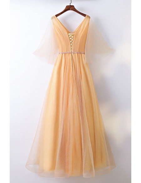 Classy Yellow Long Tulle Cheap Formal Party Dress V-neck With Bling