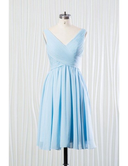 Elegant Short Chiffon Bridesmaid Dress Pleated In V-neck Sky Blue