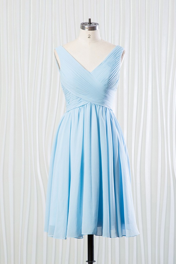 Short Chiffon Bridesmaid Dress with V Neck Ocean Blue