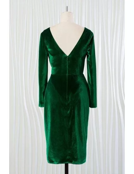 Dark Green Deep V Short Velvet Dress With Long Sleeves #FN6904 ...