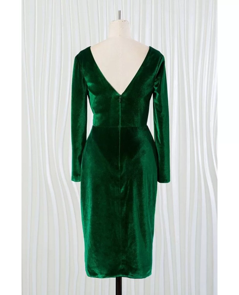 Dark Green Deep V Short Velvet Dress With Long Sleeves #FN6904 ...