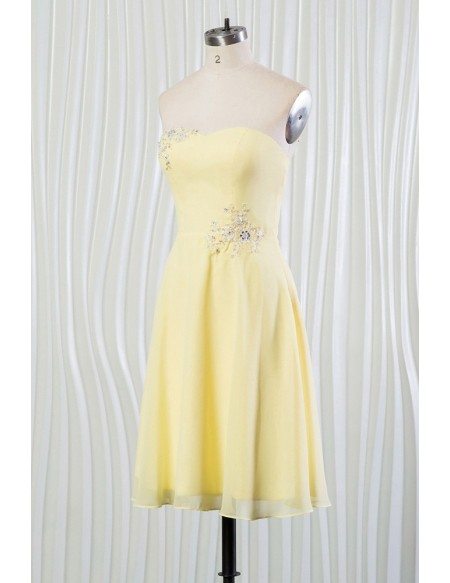 Simple Yellow Summer Bridesmaid Dress With Beading Strapless Short