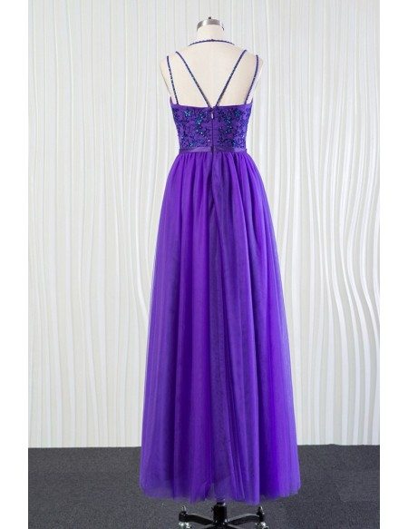 Long Purple Tulle Bridesmaid Dress Beaded Lace With Speghatti Straps