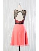 Short Coral Bridesmaid Dress With Black Lace for Summer Wedding