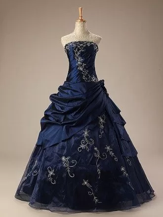 Blue Ballgown Embroidered Strapless Long Gown with Ruffles