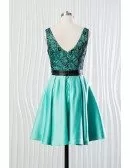 Short Teal Satin Bridesmaid Dress With Black Lace Bodice