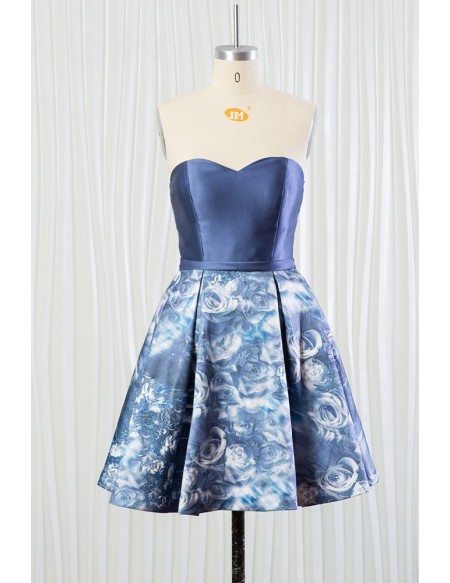 Cheap Printed Floral Blue Bridesmaid Dress Short for Summer