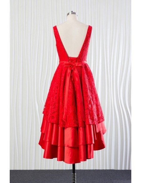 Tiered Lace Satin Red Party Dress Short for Wedding Receptions