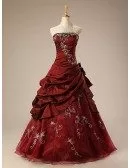 Burgundy Ballgown Embroidered Strapless Long Gown with Ruffles