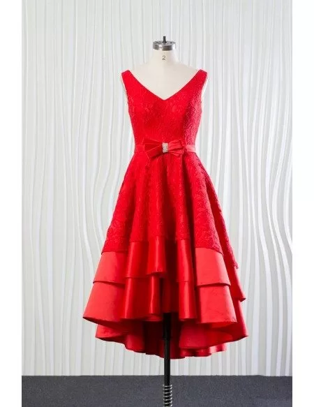 Tiered Lace Satin Red Party Dress Short for Wedding Receptions