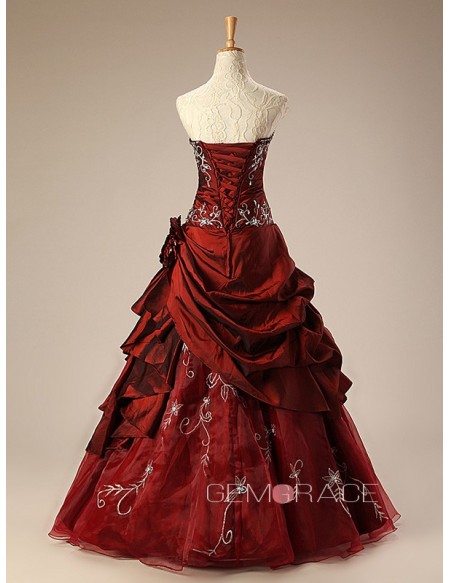 Burgundy Ballgown Embroidered Strapless Long Gown with Ruffles #CH0065R ...