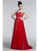 Unique Floral Long Red Prom Dress Trained With Sweetheart Neckline