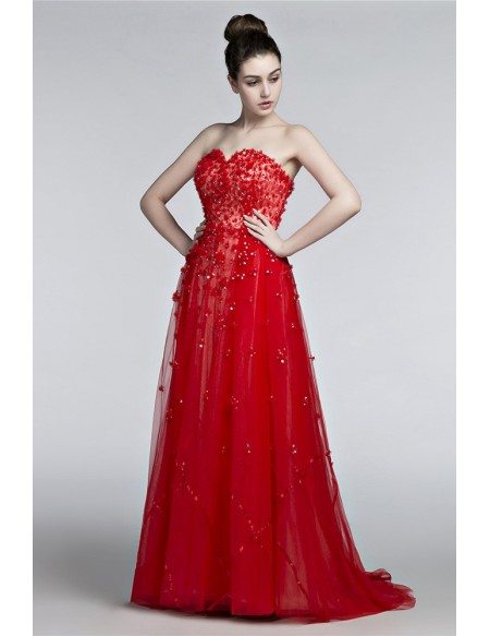 Unique Floral Long Red Prom Dress Trained With Sweetheart Neckline