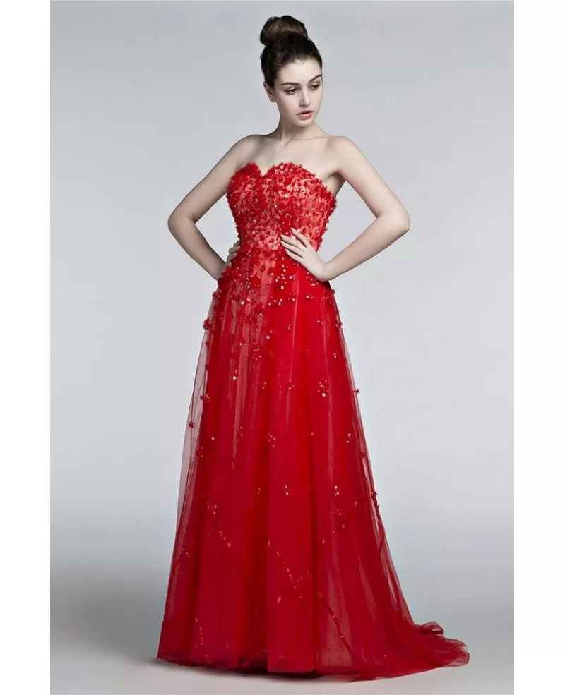 Unique Floral Long Red Prom Dress Trained With Sweetheart Neckline # ...