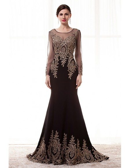 Special Long Sleeved Formal Evening Dress With Gold Applique Lace