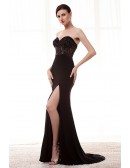 Strapless Slit Black Formal Prom Dress With Beading Bodice