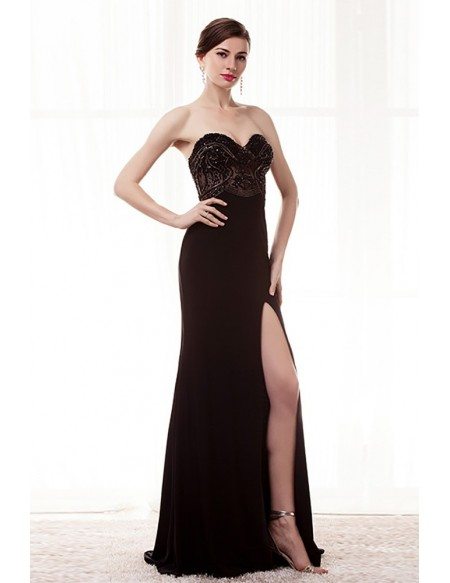 Strapless Slit Black Formal Prom Dress With Beading Bodice