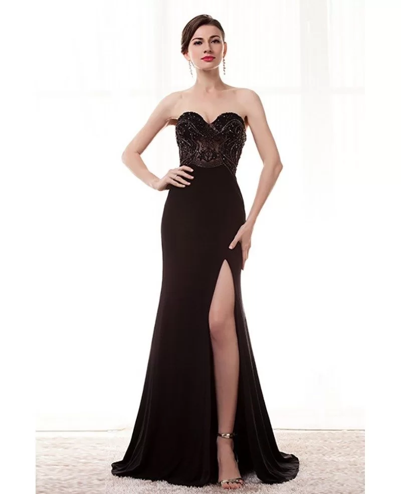 Strapless Slit Black Formal Prom Dress ...