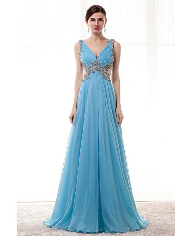 Flowy Long Sky Blue Prom Dress Beaded With Straps Sheer Back #H76045