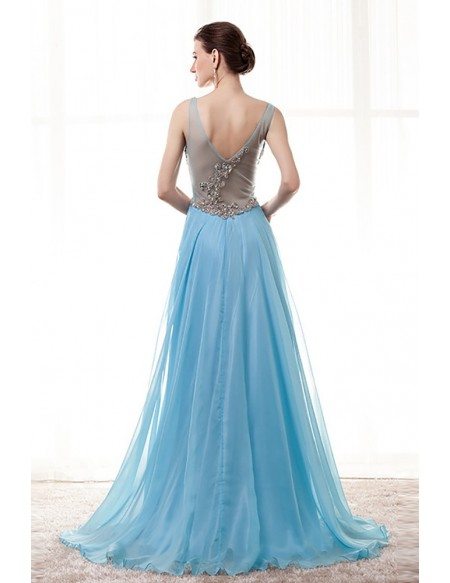 Flowy Long Sky Blue Prom Dress Beaded With Straps Sheer Back