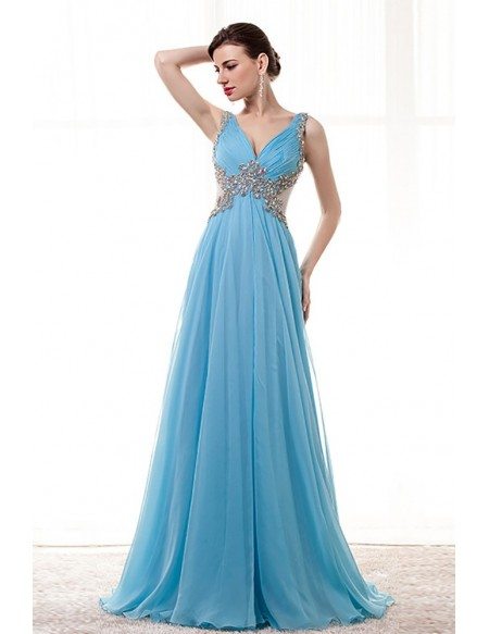 Flowy Long Sky Blue Prom Dress Beaded With Straps Sheer Back