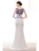 Tight Mermaid Slit White Prom Dress With Blue Beading