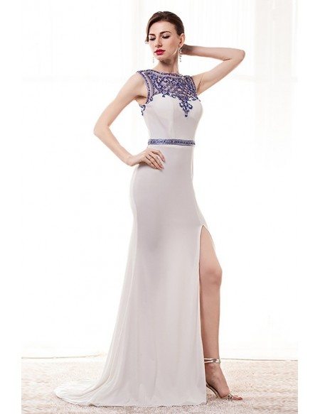 Tight Mermaid Slit White Prom Dress With Blue Beading
