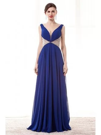 Open Back V-neck Blue Prom Dress Long With Beading Waist Straps