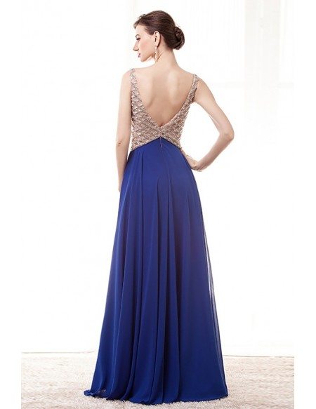 Open Back V-neck Blue Prom Dress Long With Beading Waist Straps #H76049 ...