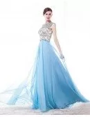 Vintage Sleeveless Prom Dress Sky Blue With Rhinestone Bodice