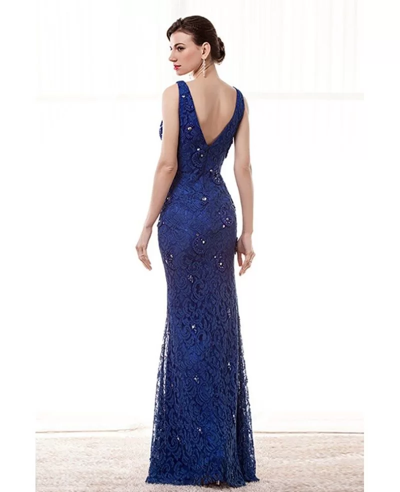 Petite Fitted Dark Blue Lace Formal Dress With Crystal Beading #H76051 ...