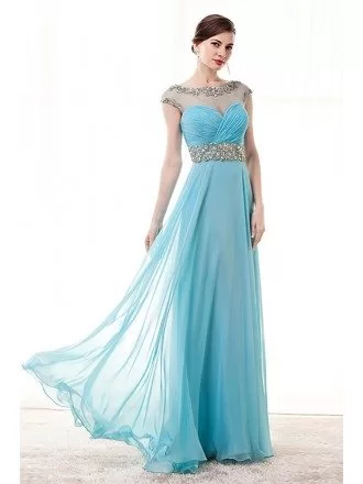 Sky Blue A Line Beaded Prom Dress Long With Open Back 2018