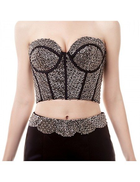 Unique Crop Top Sexy Black Prom Dress Two Piece With Sequin Bodice