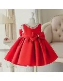 Simple Red Satin Elegant Flower Girl Dress With Big Bow For Wedding Parties