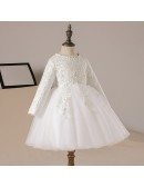 Ivory Lace Long Sleeve Tulle Flower Girl Dress Tutus Ballgown Pageant Dress