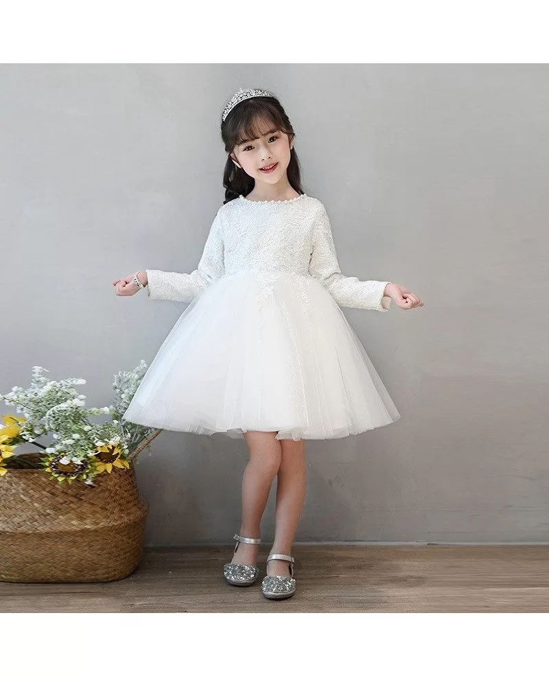 Ivory Lace Long Sleeve Tulle Flower Girl Dress Tutus Ballgown Pageant Dress Tg7008