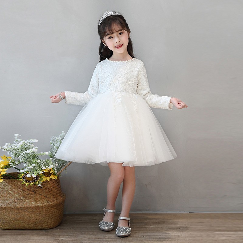 Ivory Lace Long Sleeve Tulle Flower Girl Dress Tutus Ballgown Pageant ...
