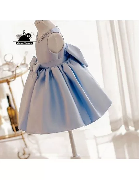 Elegant Light Blue Satin Flower Girl Dress Modern Girls Pageant Gown With Bow