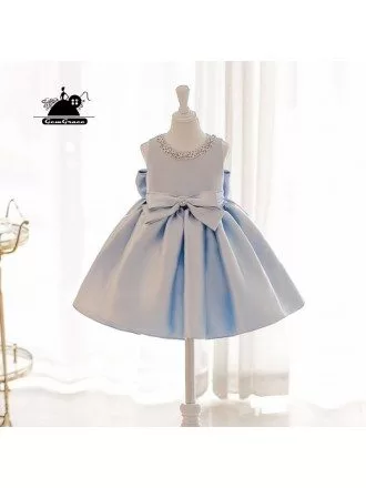 Elegant Light Blue Satin Flower Girl Dress Modern Girls Pageant Gown With Bow