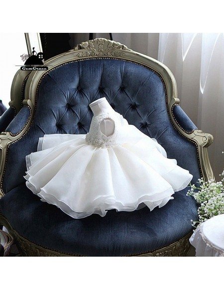 Cute Tutu Lace Flower Girl Dress White With Big Bow In Back